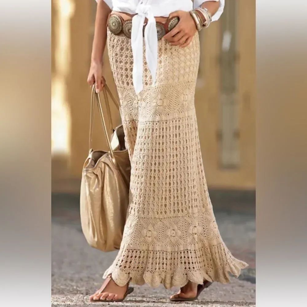 Artelier Nicole Miller Cream Crochet Elastic Waist Bohemian Midi Skirt XS